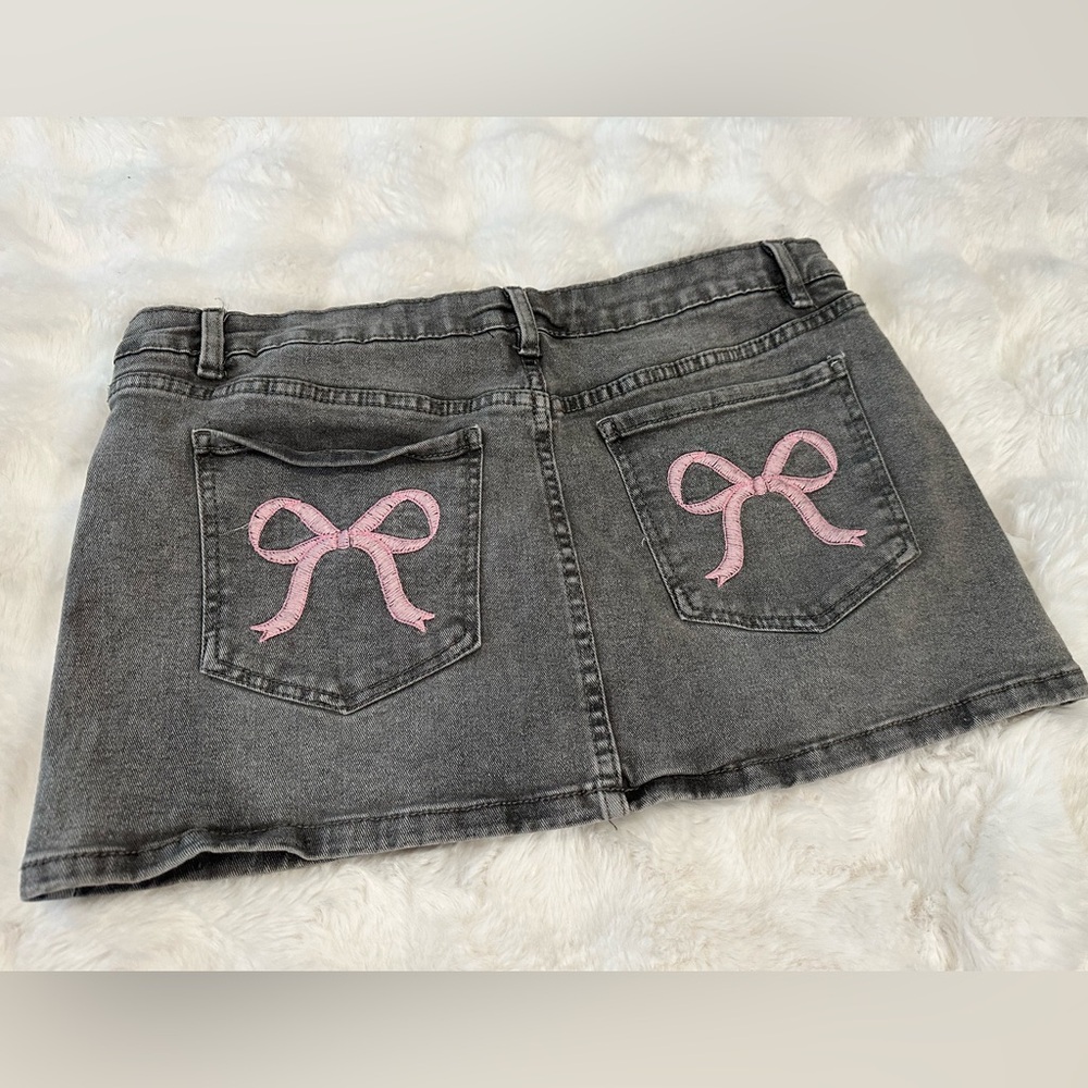 Gray Denim Mini Skirt w/ Bow Pocket Detail